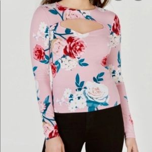 Guess pink floral peek-a-boo long sleeve top XS